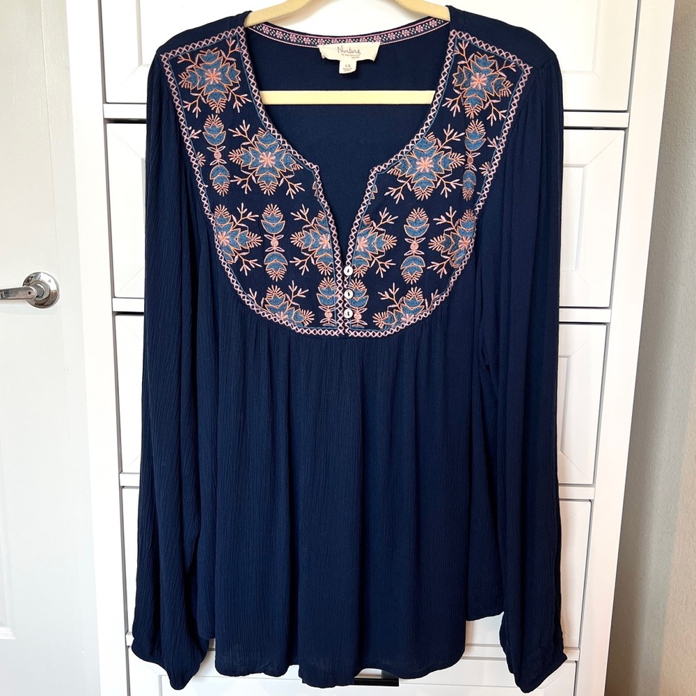 Nurture by Westbound Blouse Top Women’s 1X Navy Blue Embroidered Boho Peasant